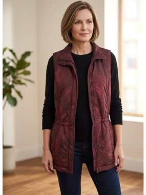 Coldwater Creek Burgundy Print Cinch Waist Vest Size L Fitted Utilitarian